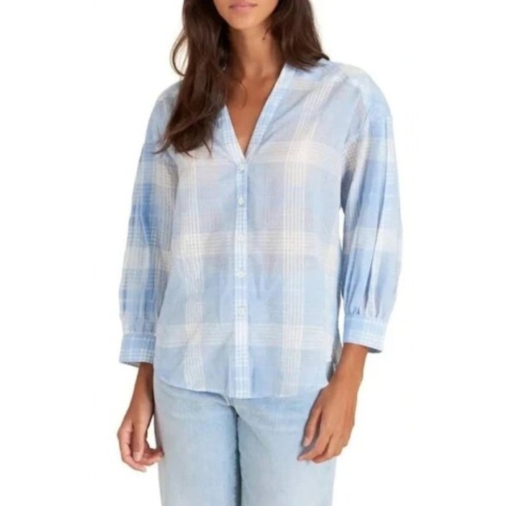 Veronica Beard Harris Plaid Button Up Shirt White White Puff 3/4 Sleeve Top sz S